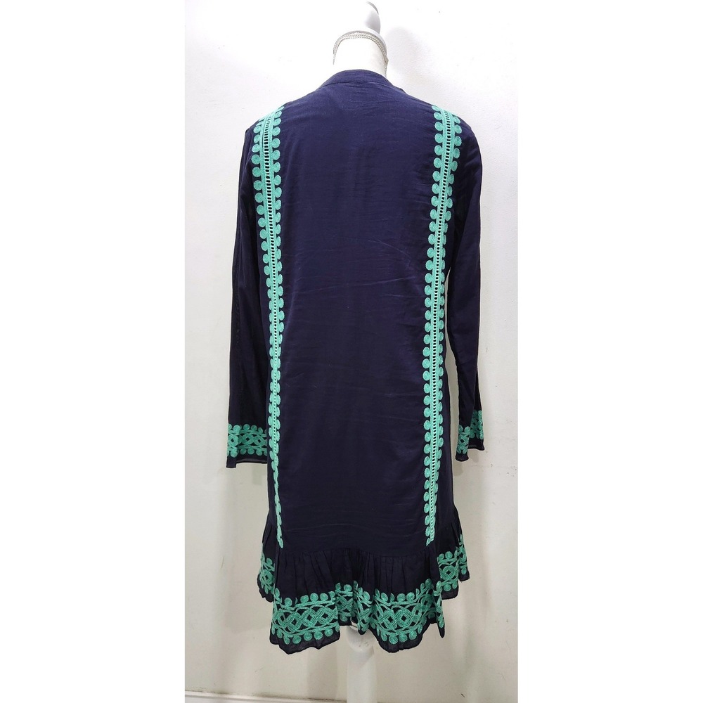 Sail to Sable Navy Blue Mint Green Embroidered Cotton Tunic Ruffle Dress Small - Picture 2 of 6